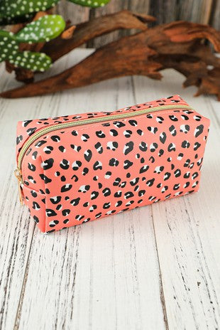 Pink Leopard Print Zipped Cuboid Cosmetic Bag
