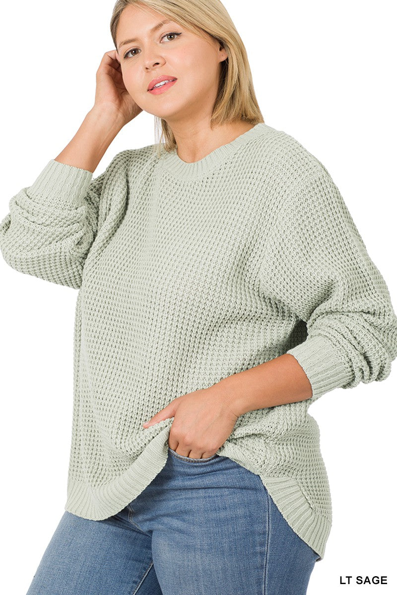 LONG SLEEVE ROUND NECK WAFFLE SWEATER