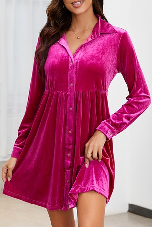 Long Sleeve Ruffle Velvet Button Up Dress